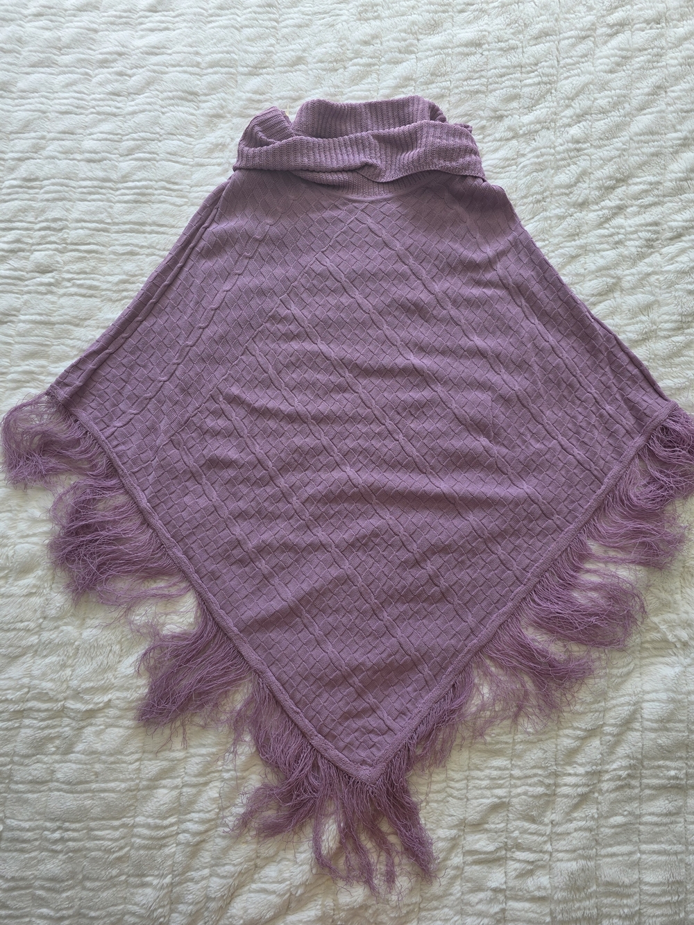 Cozy Lavender Fringe Poncho Sweater with Cowl Neck